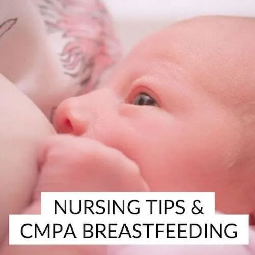 Nursing tips & CMPA Breastfeeding | Image shows a newborn breastfeeding.