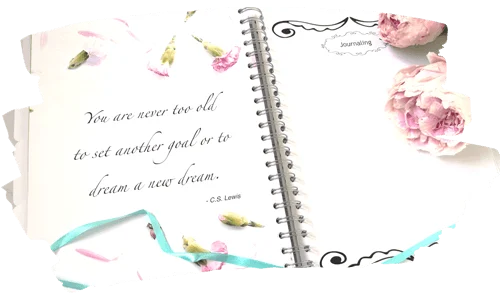 Journaling Tips For Beginners | An open journal showing an inspiring quote, with pink peonies resting on the page.