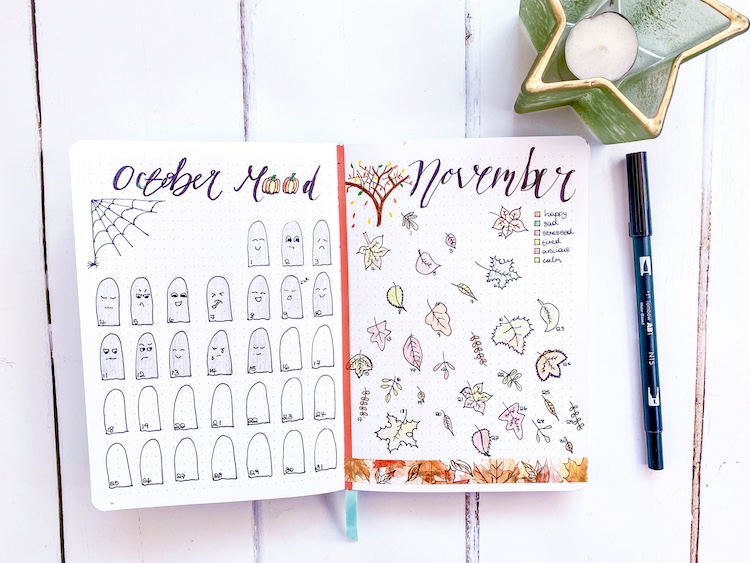 Bullet journal mood tracker ideas in a journal, on a white desk, with a green star-shaped candle in the background.