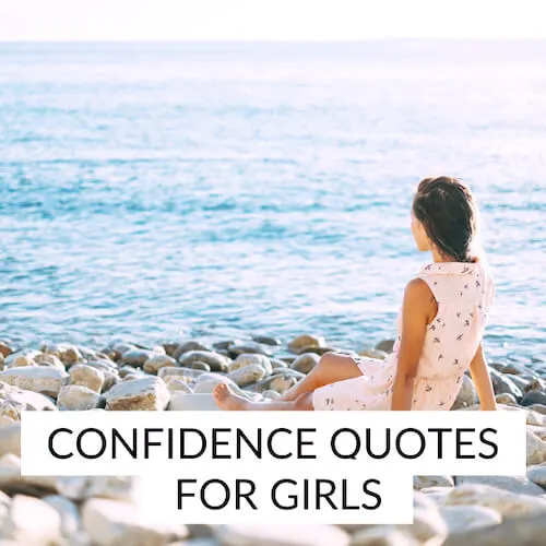 Confidence quotes for girls | Image shows a woman looking out to sea, overlaid with text.