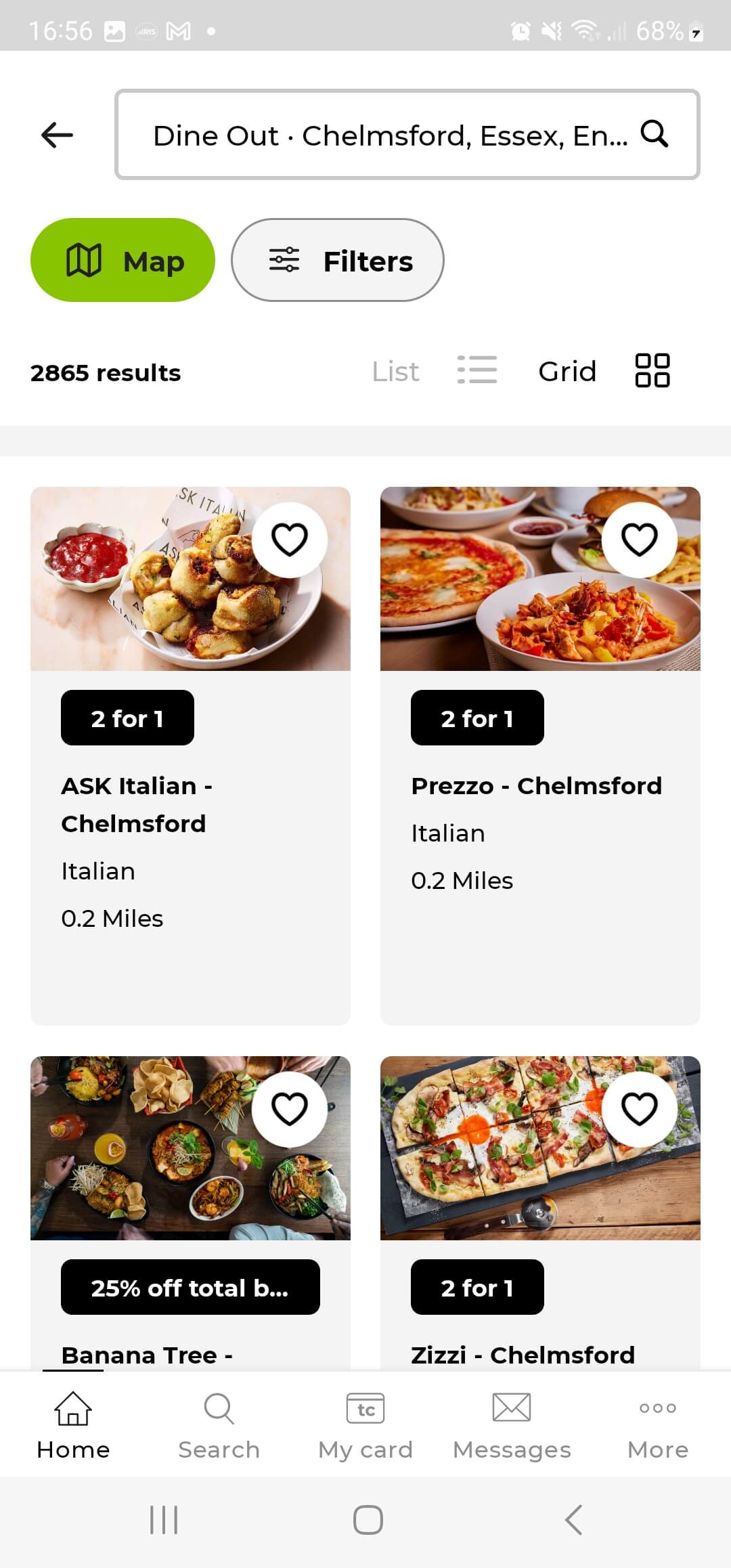 Screenshot of tastecard restuarants.